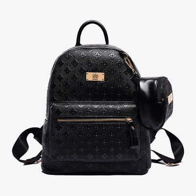 Womens Backpack Simple Embossed Leather Plain Color Student Purse