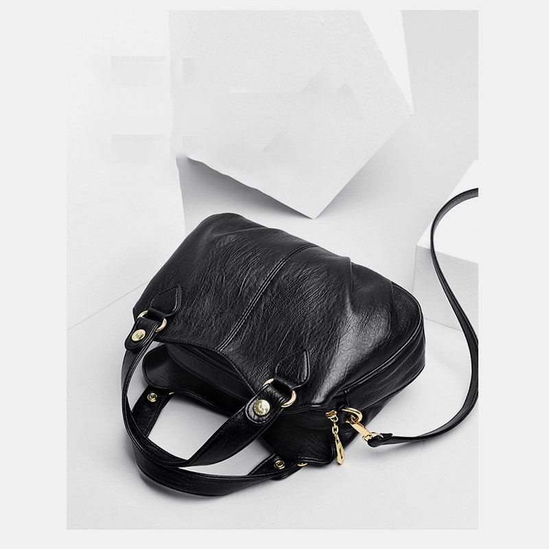 Women's Triple Compartment Satchel Leather Top-Handle Purse Crossbody Bag Handbag