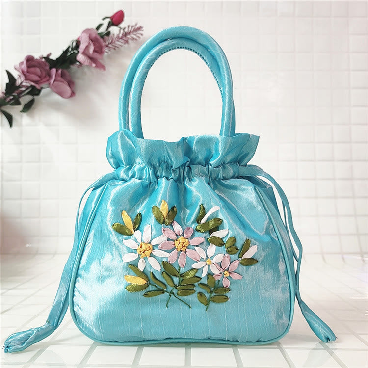Embroidery Floral Clutch Drawstring Bucket Bag Handbag Party Bag