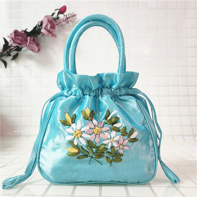 Embroidery Floral Clutch Drawstring Bucket Bag Handbag Party Bag
