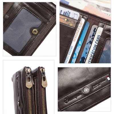 Mens Wallet with Chain Leather Bifold Wallet with Double Zipper Pocket