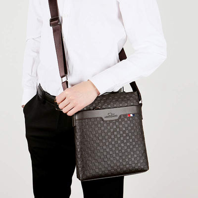 Genuine Leather Waterproof Messenger Bag for Men Plaid Crossbody Bag