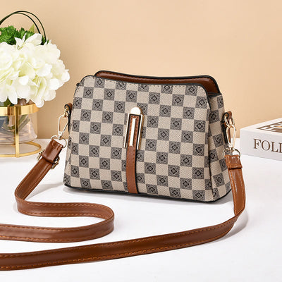 Triple Compartment Plaid Satchel Women Leather Chic Crossbody Bag
