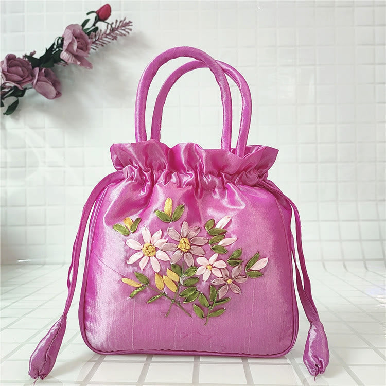 Embroidery Floral Clutch Drawstring Bucket Bag Handbag Party Bag