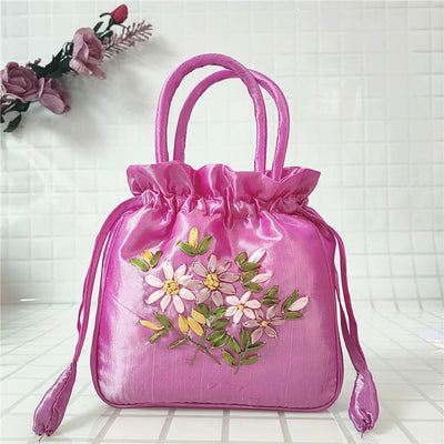 Embroidery Floral Clutch Drawstring Bucket Bag Handbag Party Bag