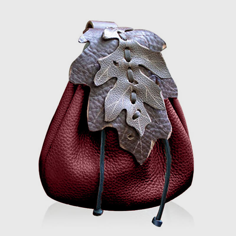 Medieval Crossbody Bag For Women Leaves Pattern Clamshell Drawstring Purse