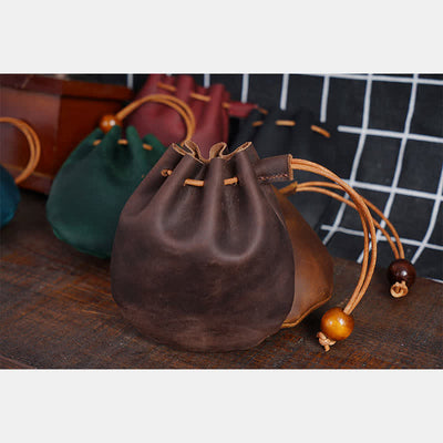 Leather Drawstring Pouch Retro Coin Purse Wallet for Women Men