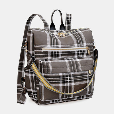 Multifunciton Casual Women Rucksack Daypack Leather Plaid Backpack With Shoulder Strap