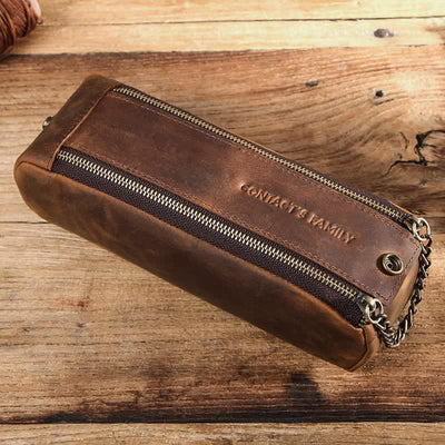 Retro Genuine Leather Multipurpose Zipper Makeup Pouch Bag Pencil Case