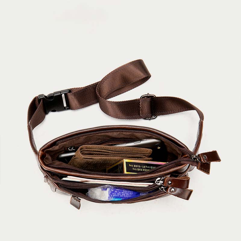 Men Classic Leather Sling Bag Waist Bag with Ajustable Strap
