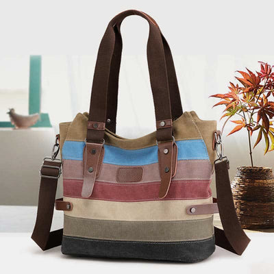 Multifunction Color Block Canvas Handbag Hobo Tote Bag Crossbody Purses