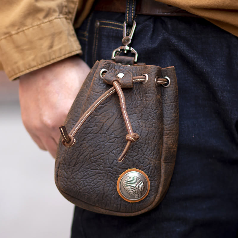 Retro Unisex Waist Pouch Small Drawstring Leather Belt Bag