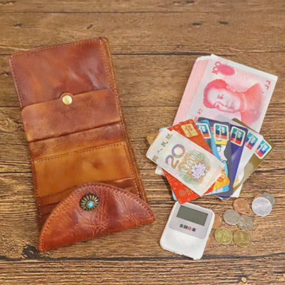 Retro Bifold Wallet Pouch for Women Men Cowhide Leather Small Coin Purse