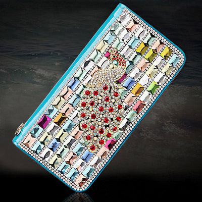 Long Leather Clutch For Women Diamond Encrusted Coin Wallet
