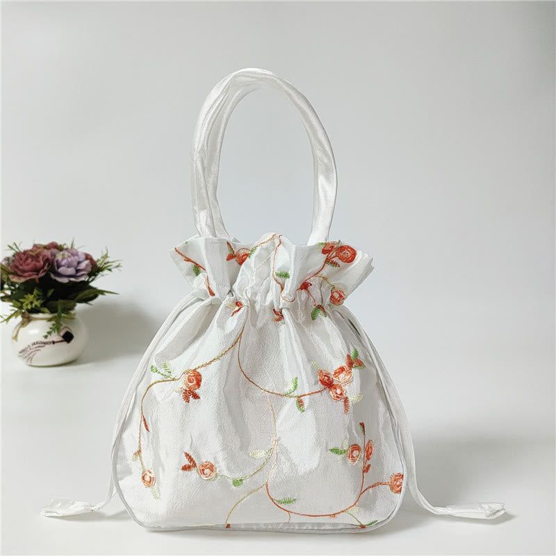 Embroidery Floral Clutch Drawstring Bucket Bag Handbag Party Bag