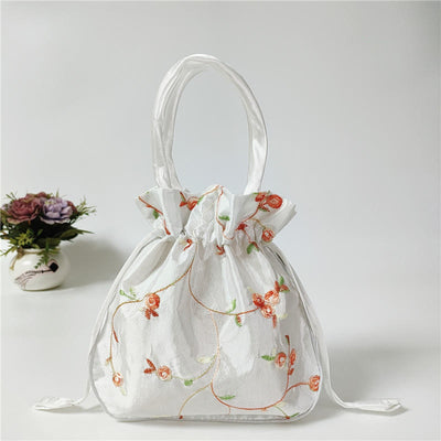 Embroidery Floral Clutch Drawstring Bucket Bag Handbag Party Bag