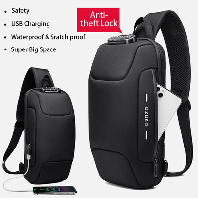 Multi-Pocket Fashion Sling Bag Chest Bag with Passport Lock USB Charging Port
