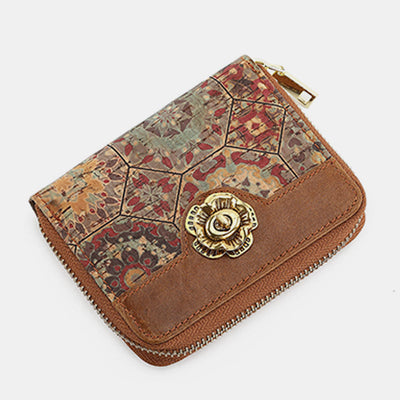 RFID Multi-Slot Genuine Leather Vintage Printing Short Wallet Card Holder