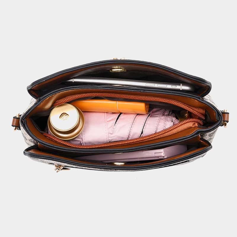 Triple Compartment Plaid Satchel Women Leather Chic Crossbody Bag