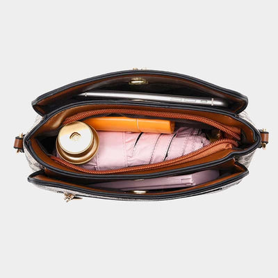 Triple Compartment Plaid Satchel Women Leather Chic Crossbody Bag