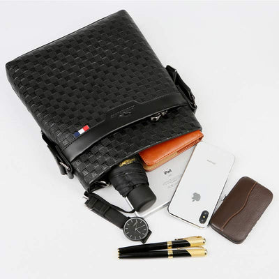 Genuine Leather Waterproof Messenger Bag for Men Plaid Crossbody Bag