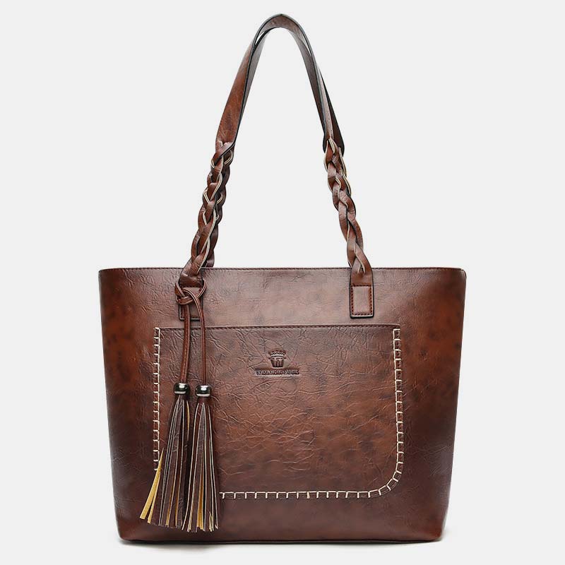 Large Capacity Business Office Handbag Women's Soft PU Tassel Tote Shoulder Bag