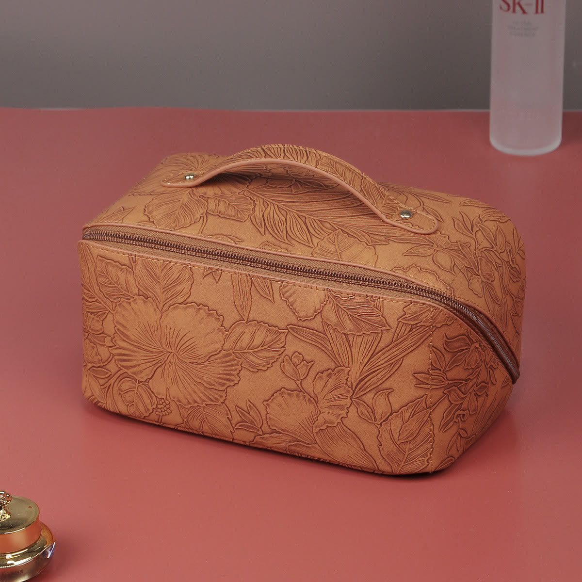 Cosmetic Bag For Women PU Leather Vintage Printing Travel Bag