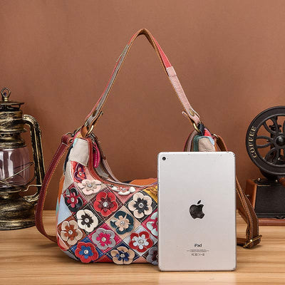 Multi-Color Floral Genuine Leather Boston Bag Hobo Tote Handbag Crossbody Bag