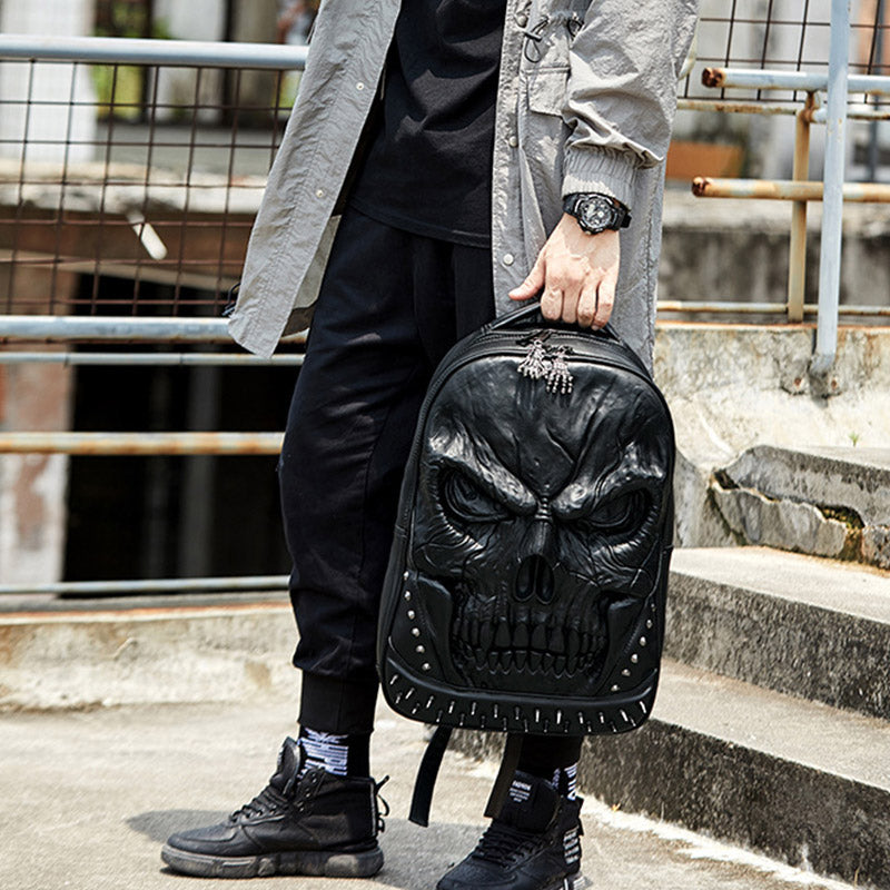 3D Skull Punk Rivet Leather Backpack Waterproof Embossed Ghost Head Knapsack