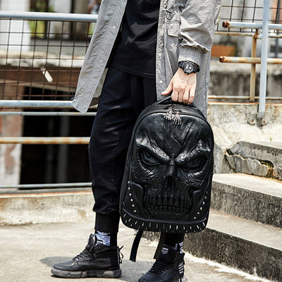 3D Skull Punk Rivet Leather Backpack Waterproof Embossed Ghost Head Knapsack