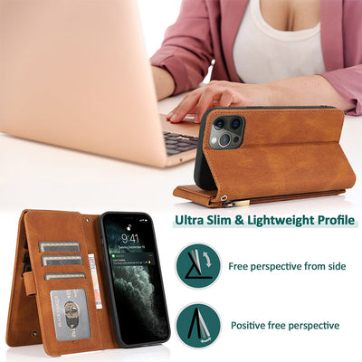 Wallet Case for iPhone Samsung Durable Flip Lanyard Strap Wristlet Zipper Card Holder