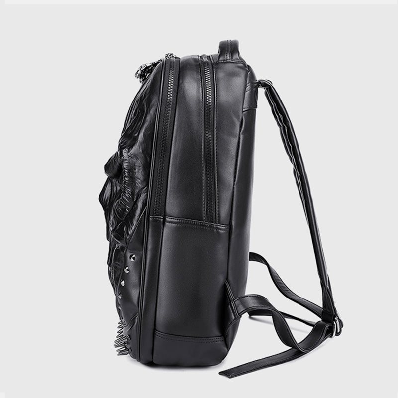 3D Skull Punk Rivet Leather Backpack Waterproof Embossed Ghost Head Knapsack