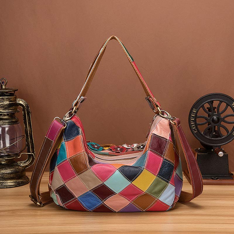 Multi-Color Floral Genuine Leather Boston Bag Hobo Tote Handbag Crossbody Bag