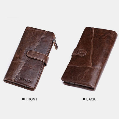 Retro Splicing Long Slim Purse Real Leather Trifold Wallet