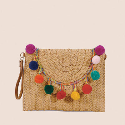 Tassel Beach Clutch for Women Raffia Woven Envelop Bag with Shoulder Strap