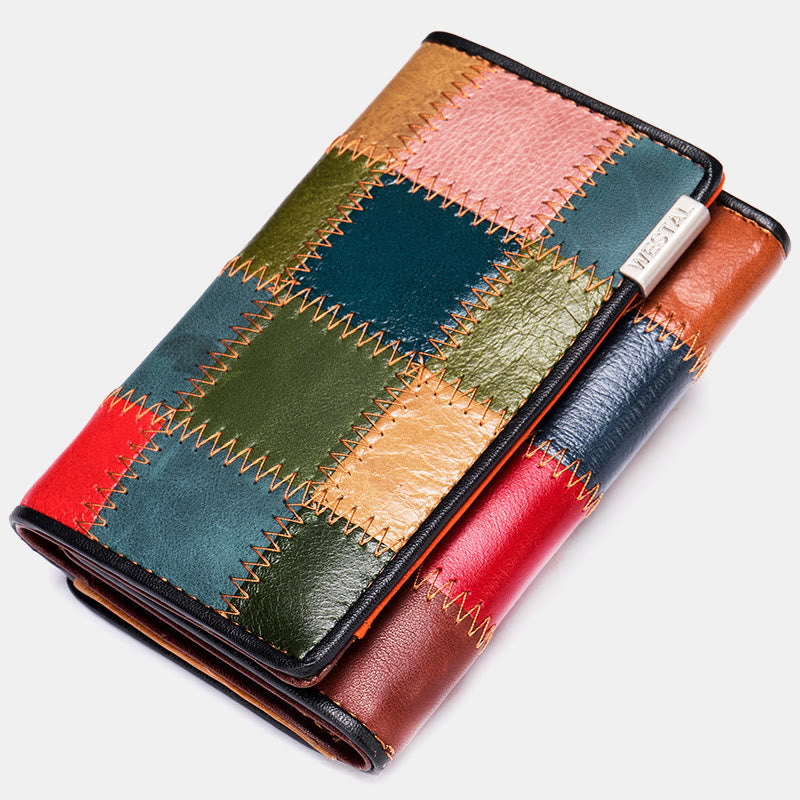 Genuine Leather Splicing Color Block Wallet Trifold Long Purse