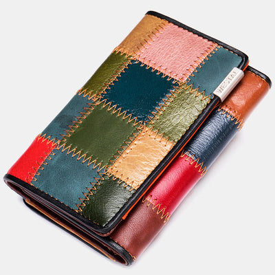 Genuine Leather Splicing Color Block Wallet Trifold Long Purse