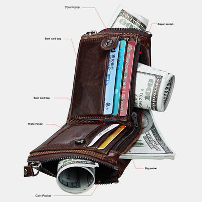Large Capacity Leather Wallet RFID Blocking Bifold Flip Mens Wallet