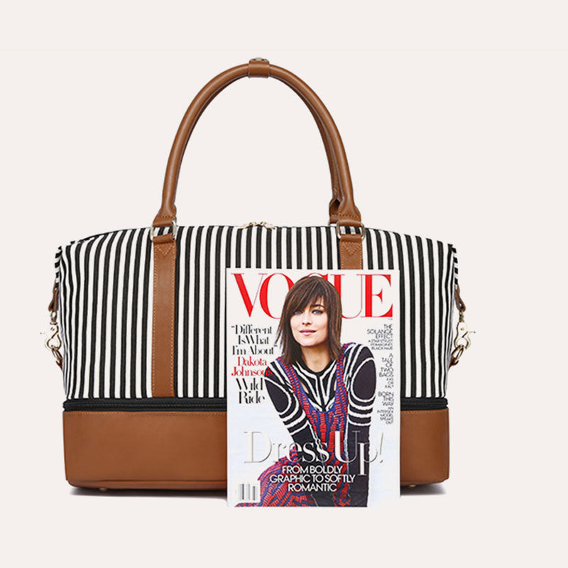 Stripe Canvas Duffel Bag Handbag Weekender Bag with Luggage Sleeve