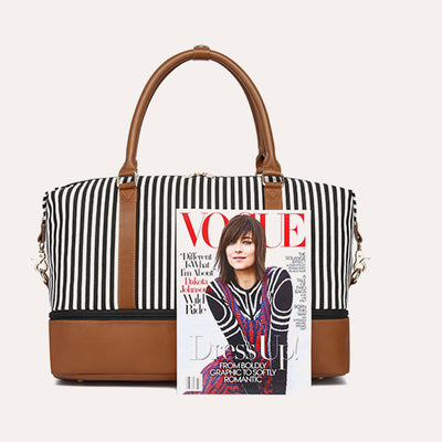 Stripe Canvas Duffel Bag Handbag Weekender Bag with Luggage Sleeve