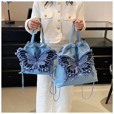 Denim Canvas Backpack For Women Butterfly Multiple Carry Daypack