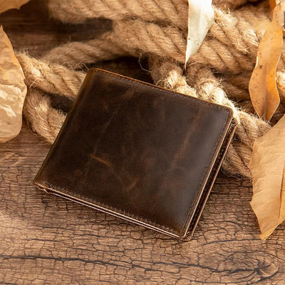 Men's Genuine Leather RFID Blocking Bifold Filp Wallet with ID Window