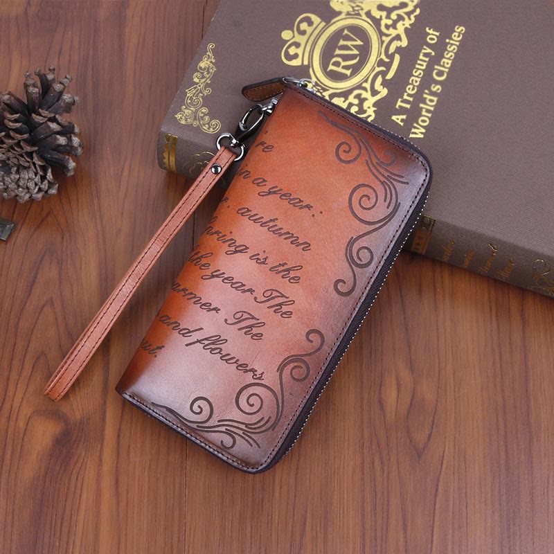 Wallet for Women Vintage Genuine Leather Printing Daily Shopping Handbag