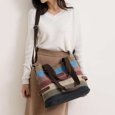 Multifunction Color Block Canvas Handbag Hobo Tote Bag Crossbody Purses