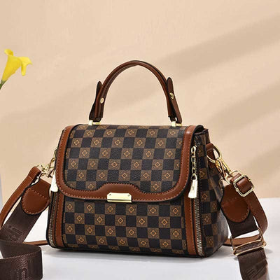 British Elegant Handbag Women Checkerboard Pattern Crossbody Leather Purse