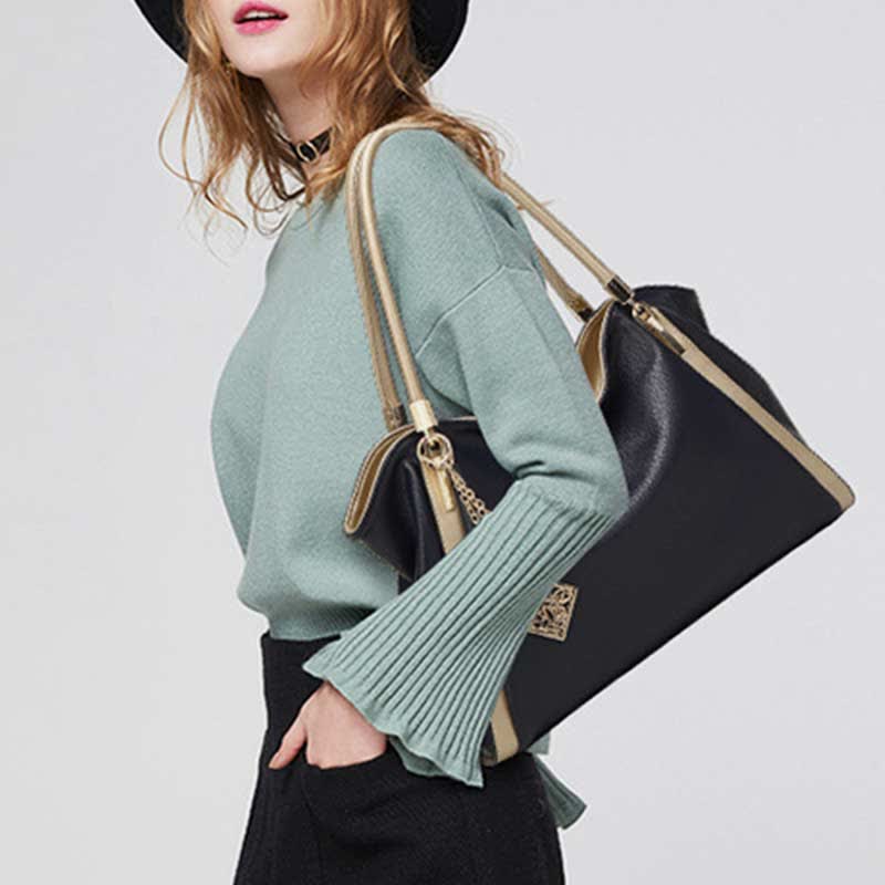 Women's Large Leather Zipper Shoulder Tote Top Handle Handbag
