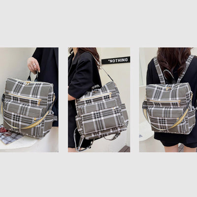 Multifunciton Casual Women Rucksack Daypack Leather Plaid Backpack With Shoulder Strap