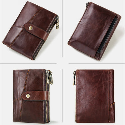 Men's Large Capacity RFID Blocking Leather Wallet with Zipper Pocket