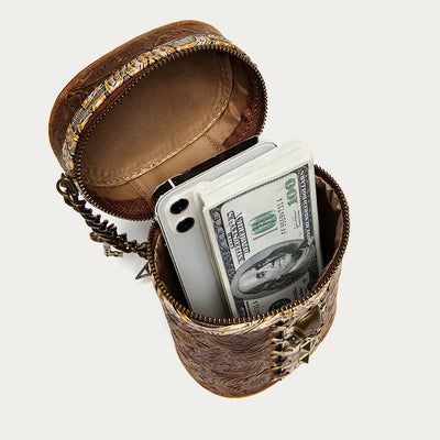 Vintage Crossbody Bag Fancy Skull Design Leather Bucket Bag