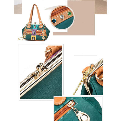 Retro Double Layer Kiss-Lock Shoulder Handbag Party Evening Purse with Crossbody Chain